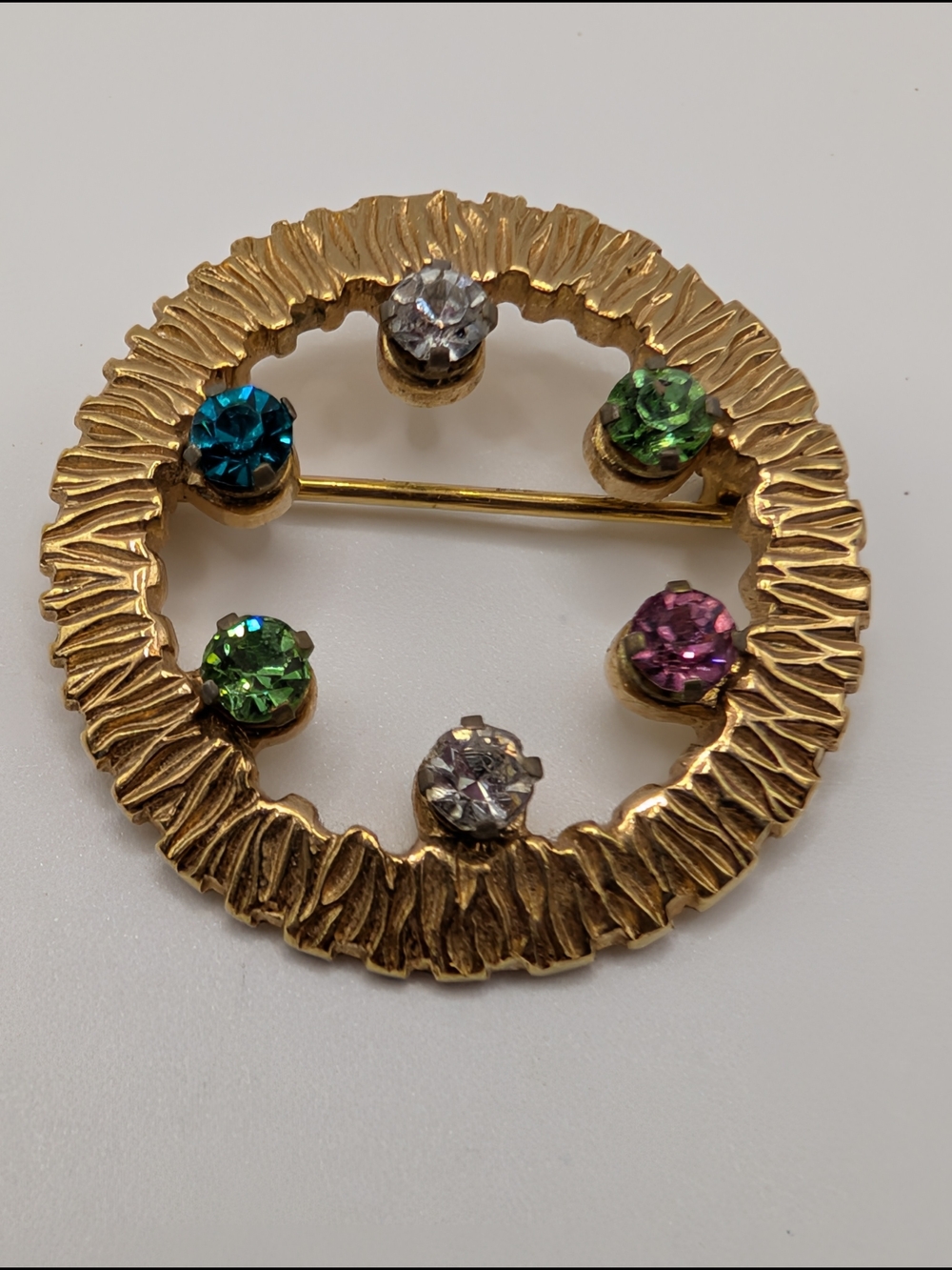 Vintage Anson Multicolor Rhinestone Circle Brooch Gold Tone Signed Pin